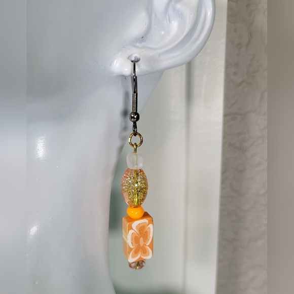 ARTISAN Orange Sherbert Beaded Statement Dangle Earrings / Pierced - Picture 2 of 6